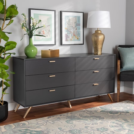 Baxton Studio Kelson Modern and Contemporary Dark Grey and Gold Finished Wood 6-Drawer Dresser 189-11576-ZORO